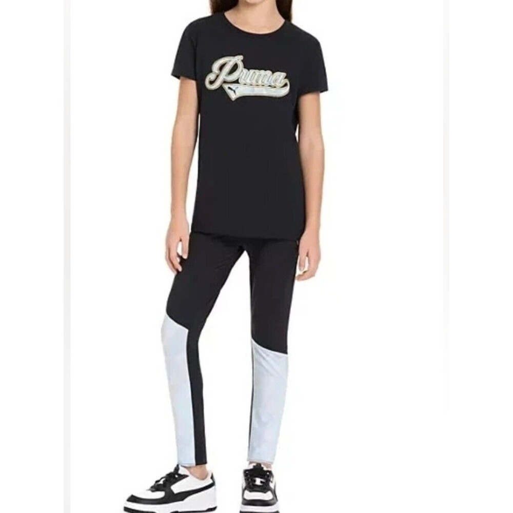 Puma Girls 2 Piece Outfit Set Small Black Logo T Shirt Color Block Leggings 6 6x